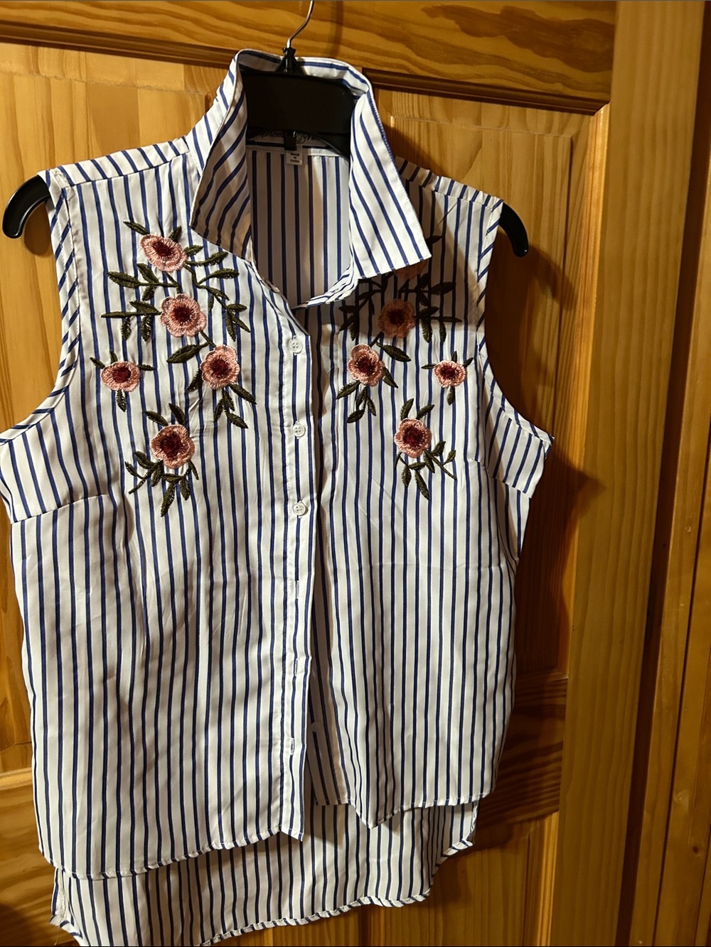 Striped Sleeveless Button-Front Blouse with Pink Floral Embroidery - White/Blue